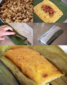 four pictures showing different types of food being cooked