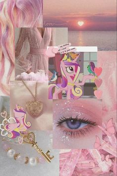 the collage has pink hair and many different things on it, including an eye