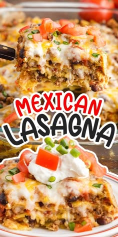 mexican lasagna casserole on a plate with the title overlay