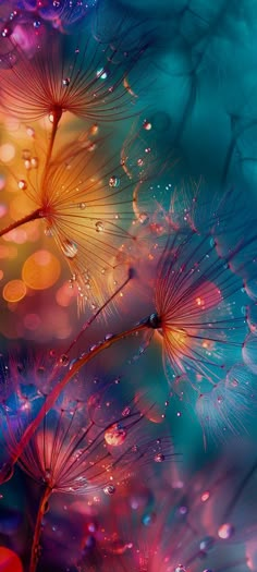 dandelions with water droplets on them are in the foreground and bright blue background