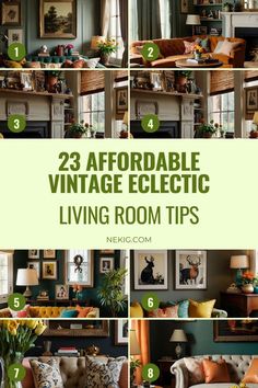 the living room is decorated in green and orange colors with pictures on the wall above it