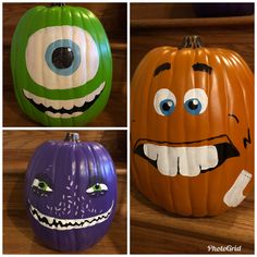 three pumpkins with different faces painted on them