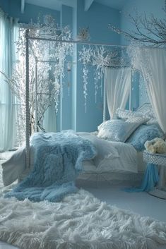 a bedroom with blue walls and white fur rugs on the floor next to a canopy bed