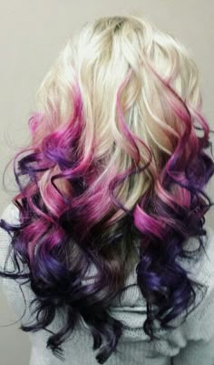 Pink Purple And Blue Hair Highlights, Pink And Blonde Hairstyles, Blonde Colorful Hair Ideas, Blonde Ombre Hair Color, Pink And Purple Blonde Hair, Vivid Hair Color Ombre, Fashion Color Hair Peekaboo Blonde, Colorful Hair Ideas For Blondes, Blonde And Purple Hair Ombre