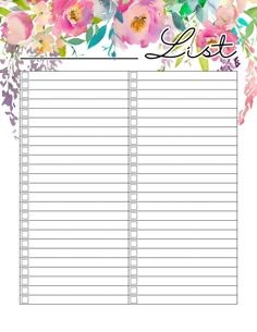 a list with flowers on it and the words list written in cursive writing