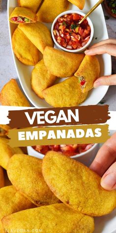 vegan empanadas on a plate with salsa and dipping sauce in the middle