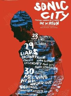 the poster for sonic city is shown in red and blue tones, with an image of a man's back