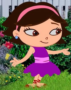 a cartoon girl in a purple dress standing on the grass