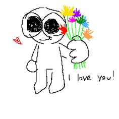 a cartoon character holding flowers with the words i love you