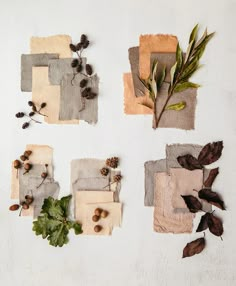 four pieces of fabric with leaves and acorns laid out on top of each other