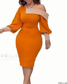 Peilia - Elegantly Crafted Color Block Bodycon Dress with Stylish Shoulder Cutout and Trendy Bubble Sleeves Working Dresses, Color Block Bodycon Dress, Bodycon Evening Dress, Color Blocking Outfits, Afrikaanse Mode, Mid Calf Dresses, Pencil Skirt Dress, Fitted Midi Dress, Dresses Elegant