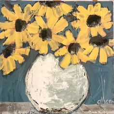 a painting of sunflowers in a white vase