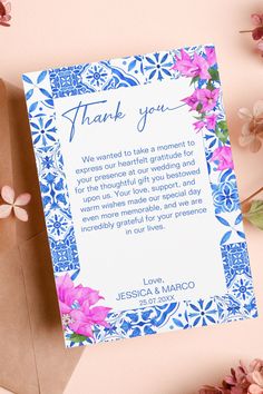 Blue Tiles Bougainvillea elegant Thank You Card Mamma Mia Gift Ideas, Mamma Mia Themed Party Invitations, Mamma Mia Themed Invitations, Mamma Mia Bday Invitation, Bougainvillea Invitation, Color Bugambilia, Magenta Party, Spanish Tile Invitation, Mykonos Blue