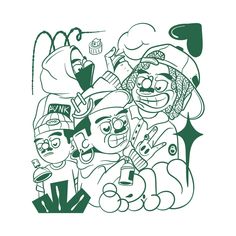 an image of some cartoon characters in black and green ink on white paper, with the words