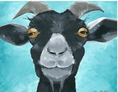 a painting of a black goat with yellow eyes and horns on it's face