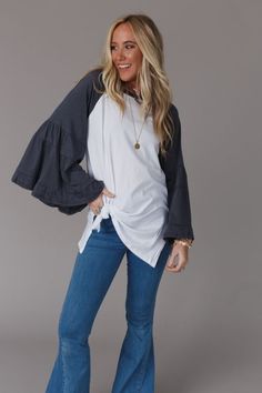 Bell Sleeve Baseball Tee - Charcoal | Three Bird Nest Cowgirl Dresses With Boots, Womens Boho Tops, Blue Jean Dress, Ruffle Maxi Skirt, Three Bird Nest, Blue Jean Skirt, Heavy Sweaters, Plus Size Swim, Queen Dress