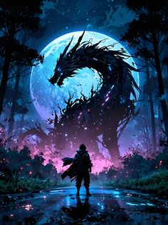 a man standing in the middle of a forest next to a dragon