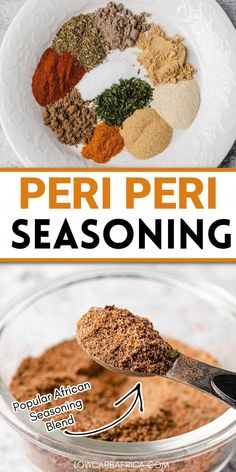 the ingredients for peri peri seasoning in a glass bowl with a spoon