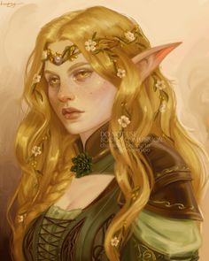 a painting of a woman with long blonde hair wearing a green dress and elf ears