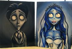 two paintings of cartoon characters painted on canvases