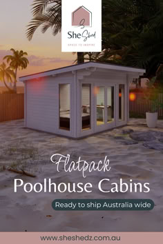 a small white house with the words hotpack, poolhouse cabins ready to ship australia wide