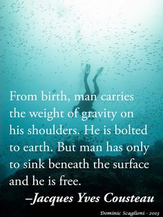 a person diving in the ocean with a quote from james ves cousteau