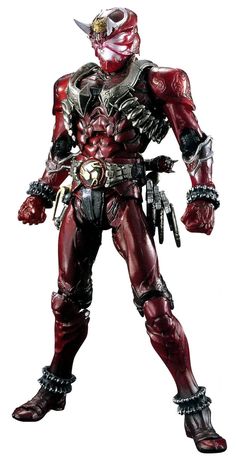 an action figure is shown in red and silver armor, with two hands on his hips