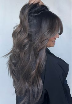 subtle, smokey, mushroom brown, cool toned balayage on dark hair. Mushroom Brown Hair Color On Black Hair, Mushroom Brown Hair Color Balayage Ombre, Mushroom Melt Hair, Shroom Brown Balayage, Dark Brown Hair With Mushroom Balayage, Dark Brown Hair Mushroom Balayage, Dark Balayage Cool Tone, Ashy Brunette Hair Dark, Brunette With Mushroom Highlights