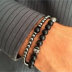 Elevate Your Style With Our 2pc Stone Bead Bracelet Set. Made For Men, This Set Features Round, Black Beads That Exude Sophistication. Whether You Wear Them Together Or Separately, These Bracelets Add A Touch Of Luxury To Any Outfit. Perfect For The Fashion-Forward Man Who Appreciates Fine Details. Men's Bracelets, Mens Gold Bracelets, Strand Bracelet, Mens Gold, Stone Bracelet, Stainless Steel Chain, Bead Bracelet, Black Beads