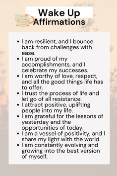 Start your day with positivity and purpose! 🌅✨ Immerse yourself in a cascade of uplifting wake-up morning affirmations that set the tone for a joyful and fulfilling day. Cultivate a mindset of gratitude and empowerment with each affirmation. Explore the transformative power of morning rituals and let these affirmations be your daily dose of inspiration. 🌈💖 #MorningAffirmations #PositiveStart #EmpowerYourDay Affirmation Template, Spiritual Mantras, Amazing Affirmations, Gratitude Attitude, Affirmations Confidence, Positive Affirmations For Success, Journal Bible Quotes, Gratitude Prompts, Morning Mantra