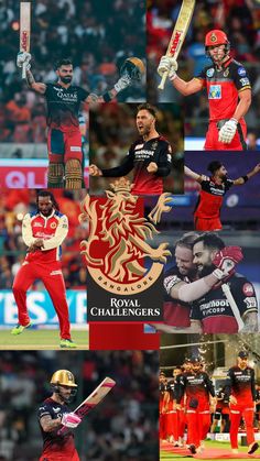 the royal challengers cricket team in their red uniforms and gold helmets are holding bats