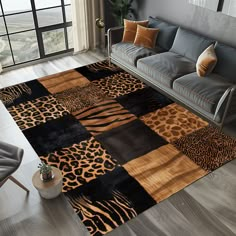 a living room area with a couch, chair and rug in the shape of an animal print