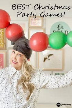 a woman is holding balloons in front of her head with the words best christmas party games