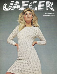 a woman in a white knitted dress is posing for the cover of a magazine