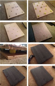 the steps to make a diy rug with felt and pegs on it are shown