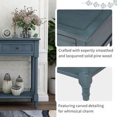 a blue table with two vases on it and an article describing how to paint furniture