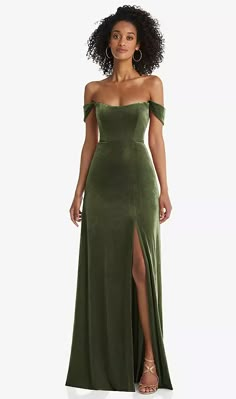 Off-the-shoulder Flounce Sleeve Velvet Maxi Bridesmaid Dress In Olive Green | The Dessy Group Olive Green Bridesmaid Dresses, Velvet Bridesmaid Dresses, Olive Green Dresses, Velvet Maxi, Velvet Maxi Dress, Green Bridesmaid, Maxi Bridesmaid Dresses, Infinity Dress, Green Bridesmaid Dresses