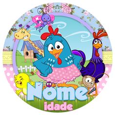 a plate with an image of a chicken and other cartoon characters on it, in front of a farm scene