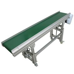 an automated conveyor belt with green cover on it's sides and white handles