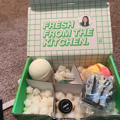 Up For Sale Is A March 2024 Lush Kitchen Exclusive Box That Contains 4 Full Sized Items And Buttons Nevermind The Ballistics Bath Bomb Green Man Bath Bomb Birch Sap Soap Furze Solid Perfume All Are Fresh Kitchen Box, Lush Bath, Solid Perfume, Bath Soak, March 2024, Bath Bomb, Green Man, Pink Yellow, Lush