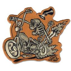 a patch with a skeleton riding a motorcycle