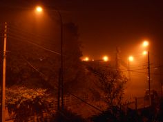 street lights shine brightly on a foggy night