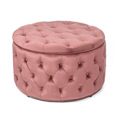 a pink round ottoman with buttons on the top and bottom, sitting in front of a white background