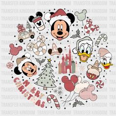 mickey mouse and other disney characters in the shape of a circle with christmas trees, candy cane