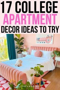 a bedroom with pink walls and white bedding that has plants on the floor in front of it