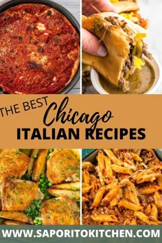 deep dish pizza, hand dipping italian beef sandwich in au jus, chicken vesuvio and mostaccioli Copycat Italian Restaurant Recipes, Italian Chipino, Chicago Food Recipes, Authentic Chicago Italian Beef Recipe, Chicago Spaghetti, Italian Restaurant Recipes, Illinois Recipes, Chicago Recipes, Italian Dishes Recipes