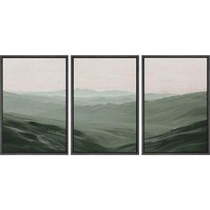 three framed paintings with green hills in the background