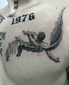 a man with a dragon tattoo on his chest and the words la71 written in black ink