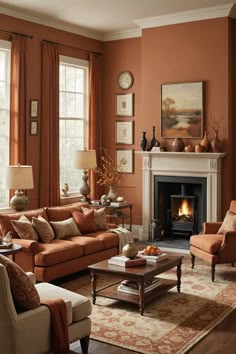 a living room filled with furniture and a fire place in the middle of a room