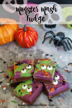 halloween monster mash fudge recipe with sprinkles and eyes on it